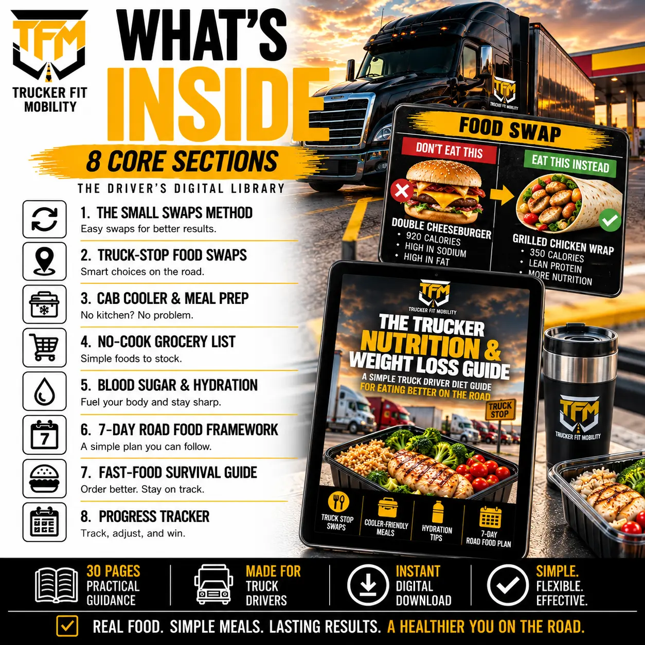 What's inside the Trucker Nutrition and Weight Loss Guide: 8 core sections from truck-stop food swaps to the 7-day road food framework