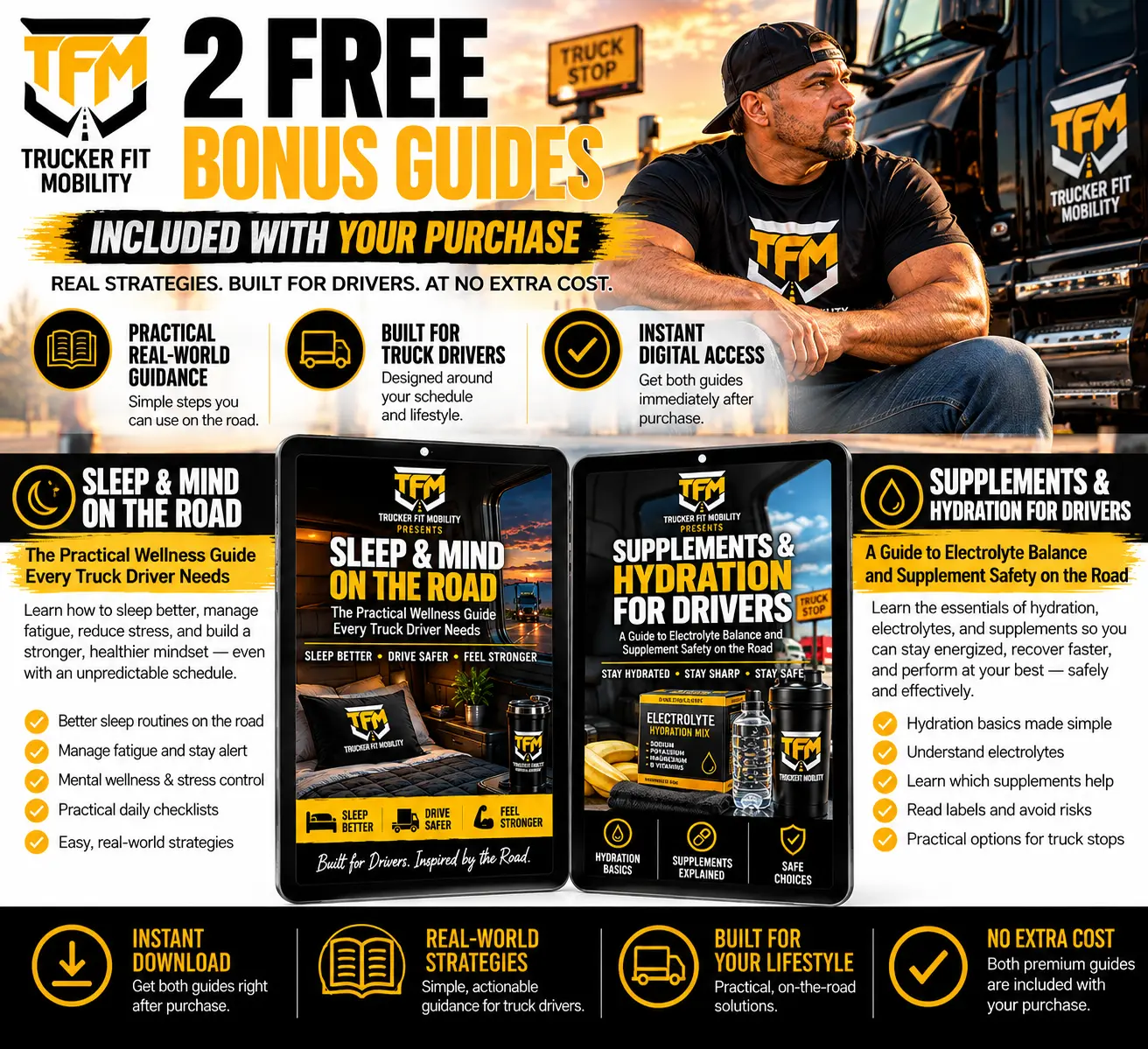Official TFM bonus guide artwork: Sleep and Mind on the Road and Supplements and Hydration for Drivers